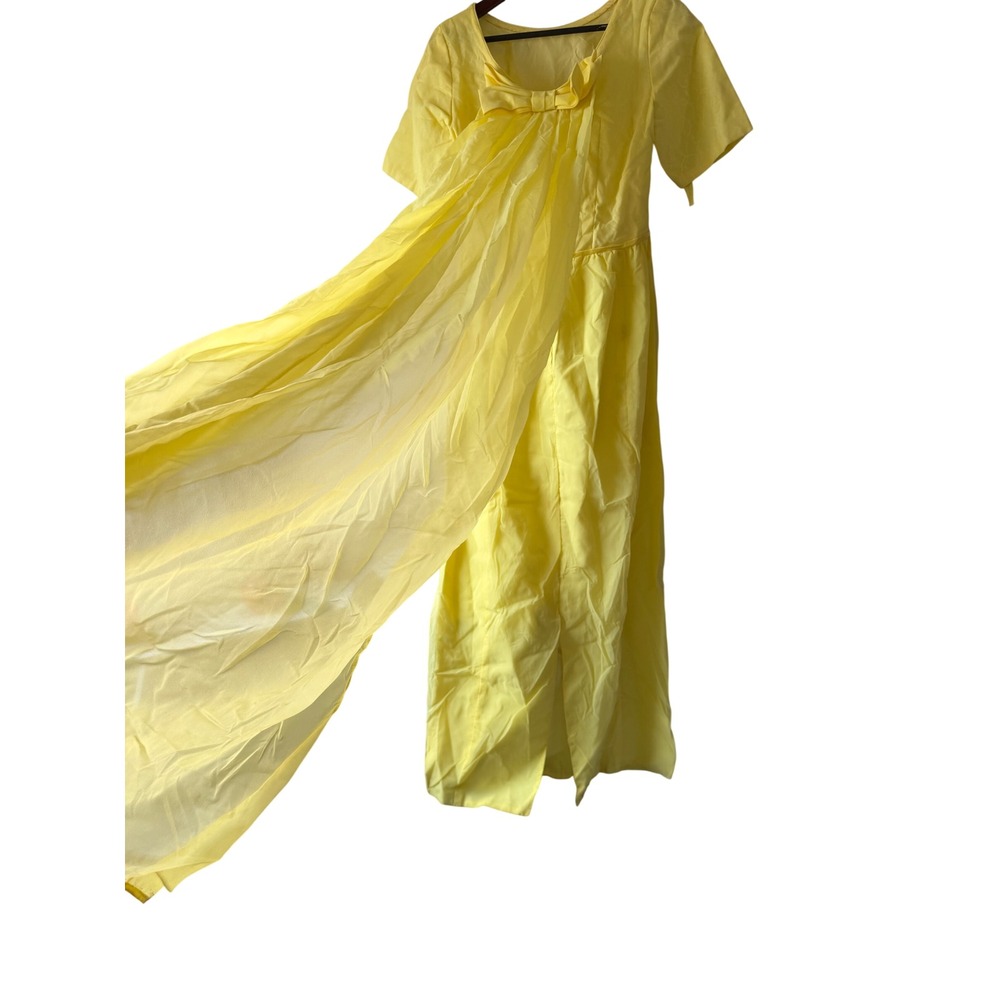 Vintage 60s Yellow Chiffon Maxi Dress Cape Back Bow Empire Waist Floral Damask - Picture 4 of 8